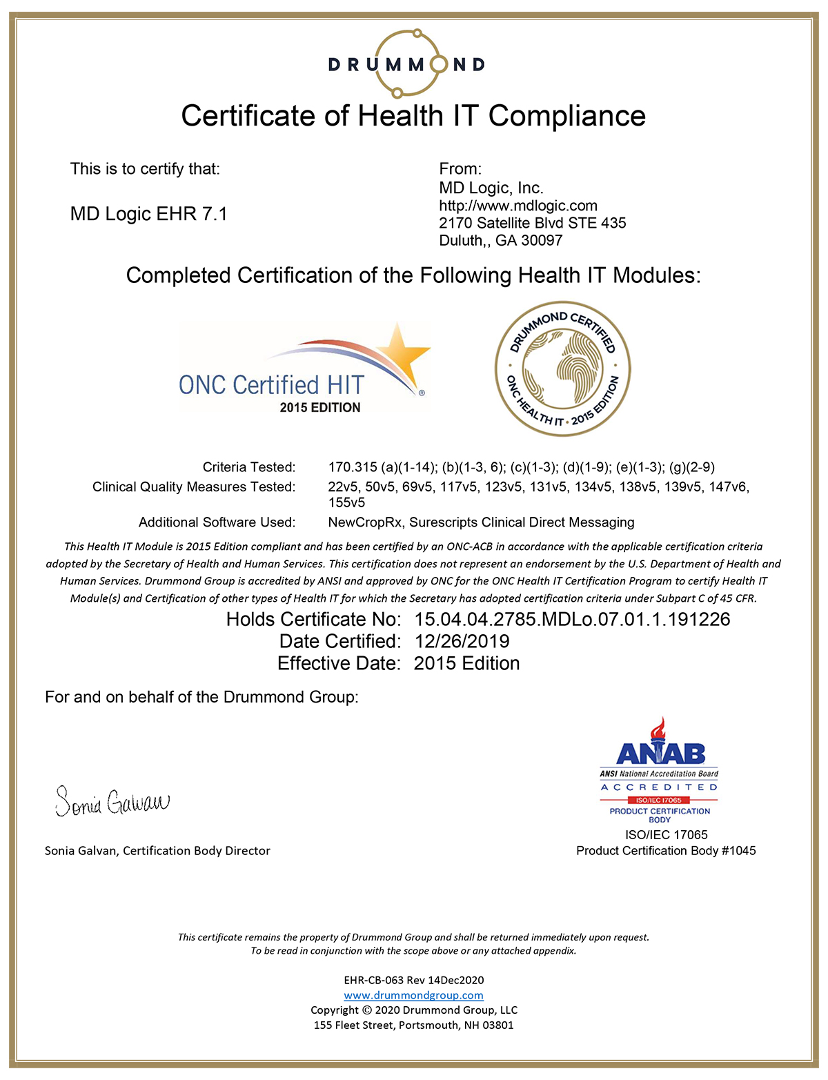 Certificate MD Logic EHR 7.1 18112021